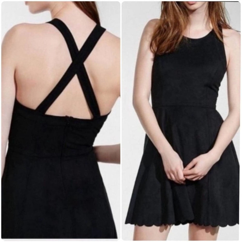 Express Womens Scalloped Mini Dress Small Black Suede-Like Cross Back Flare